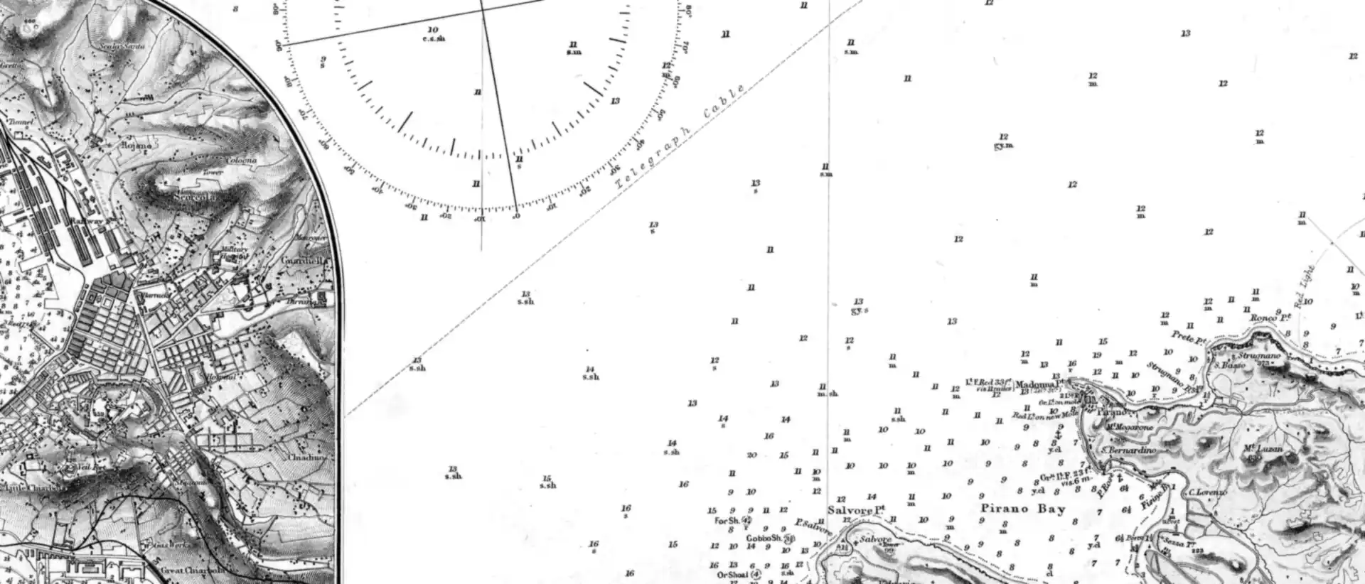 A nautical chart of the Gulf of Trieste with coastlines and depth soundings on the sea.