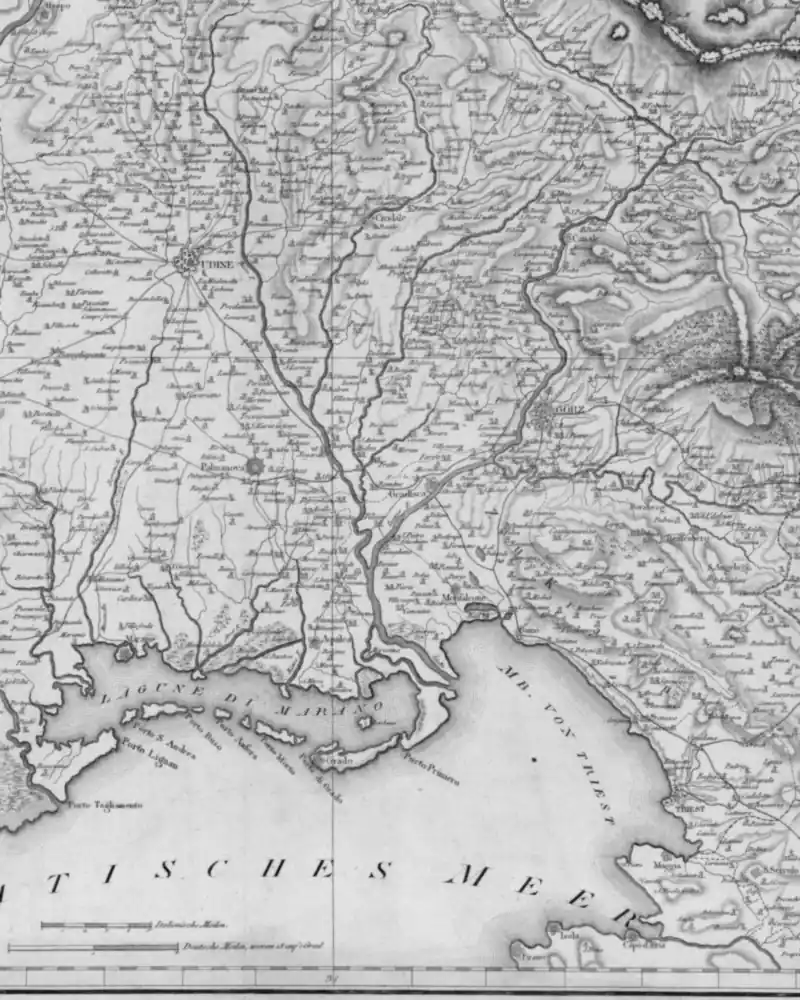 Detail of a historic map in black and white: a map of the region.