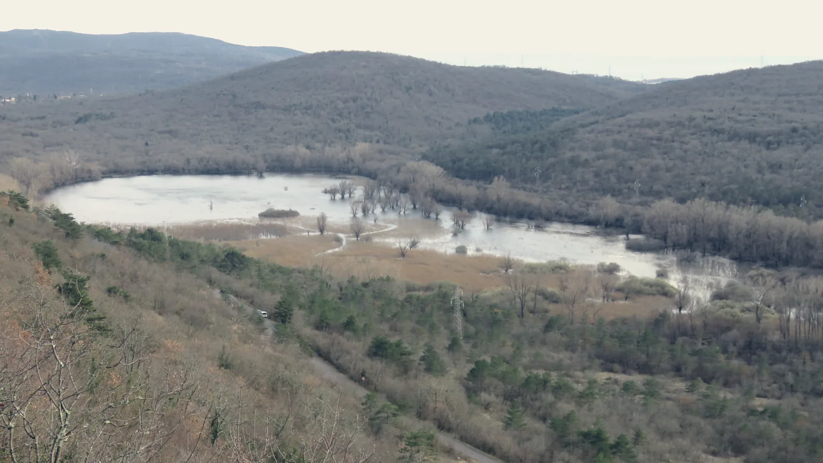 Lake Doberdò seen from above, between the Karst woods and the Isonzo plain.