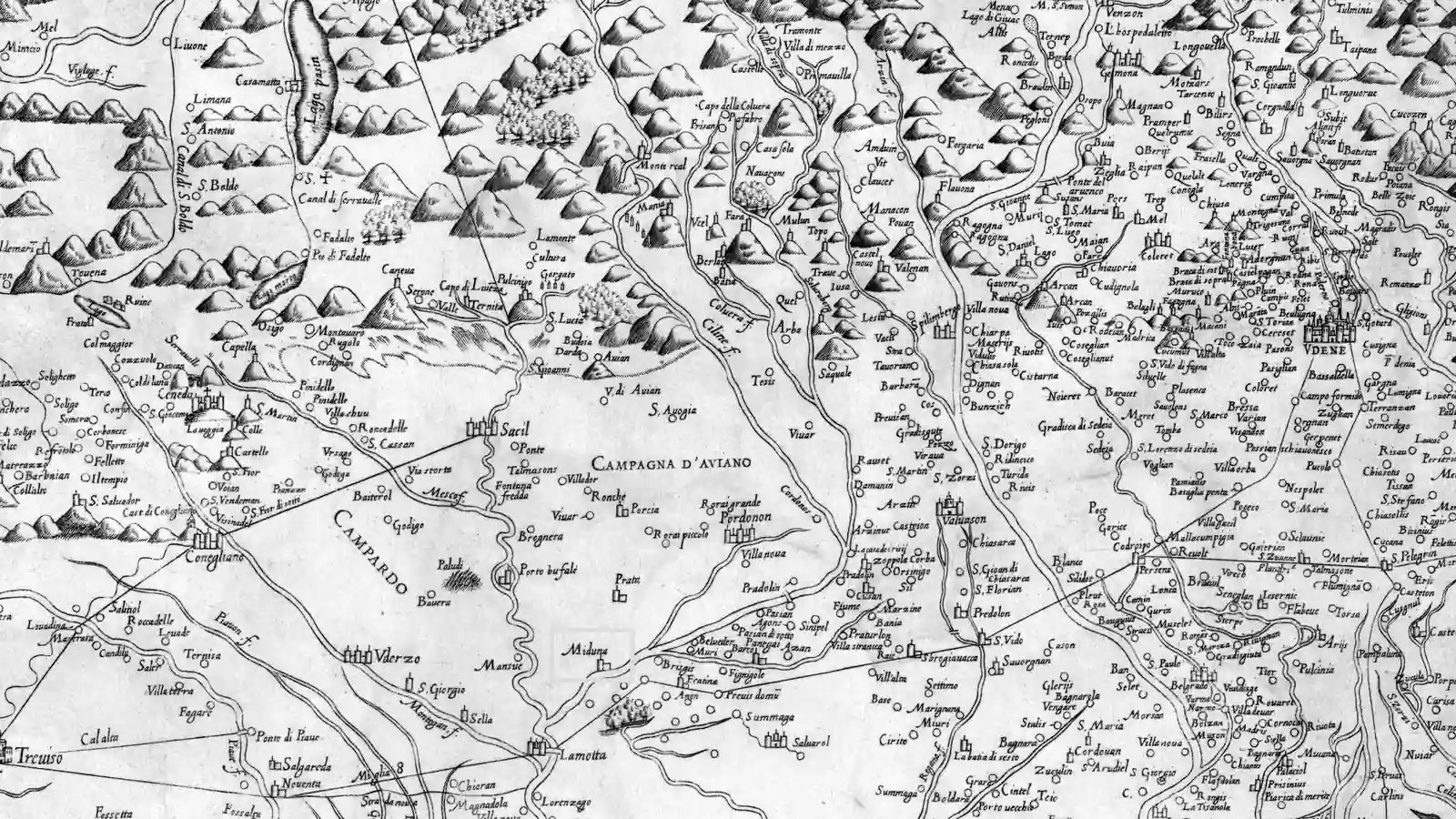 A sixteenth-century engraved map of western Friuli, with rivers, mountains and villages.