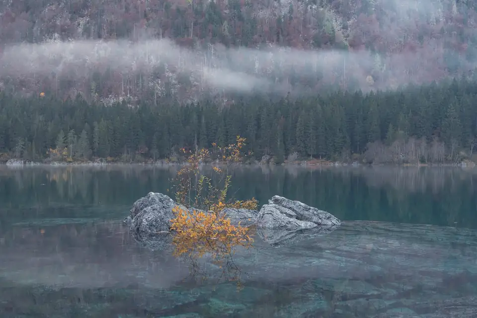 Lake Fusine with fir trees on the shore and a band of mist on the mountainside.