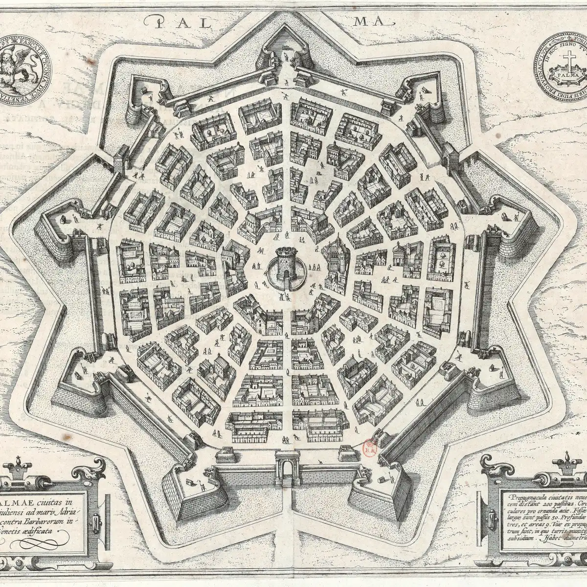 The star-shaped plan of Palmanova, with bastioned walls and radial streets.
