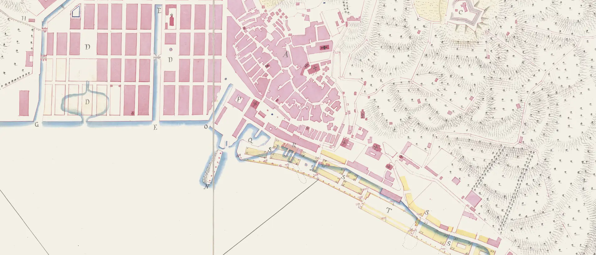 An eighteenth-century watercolour plan of Trieste and its free port, with the grid of the Borgo Teresiano.