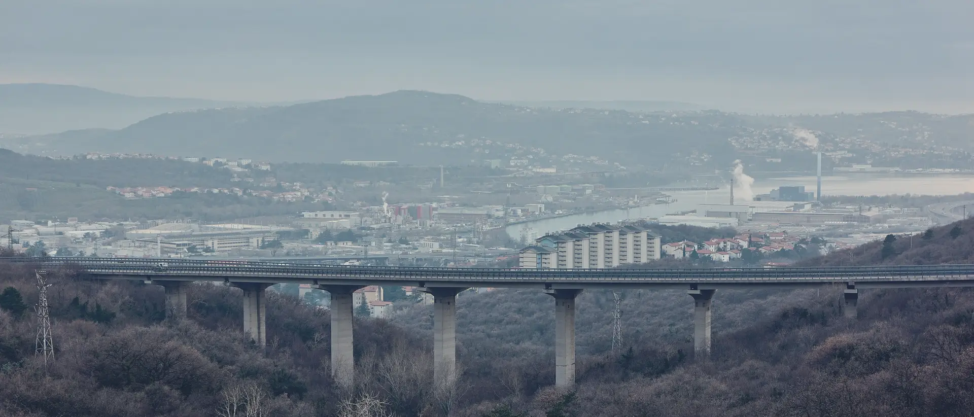 Southern Trieste at dusk: a viaduct above the woods, behind it the industrial and port area with a plume of steam.